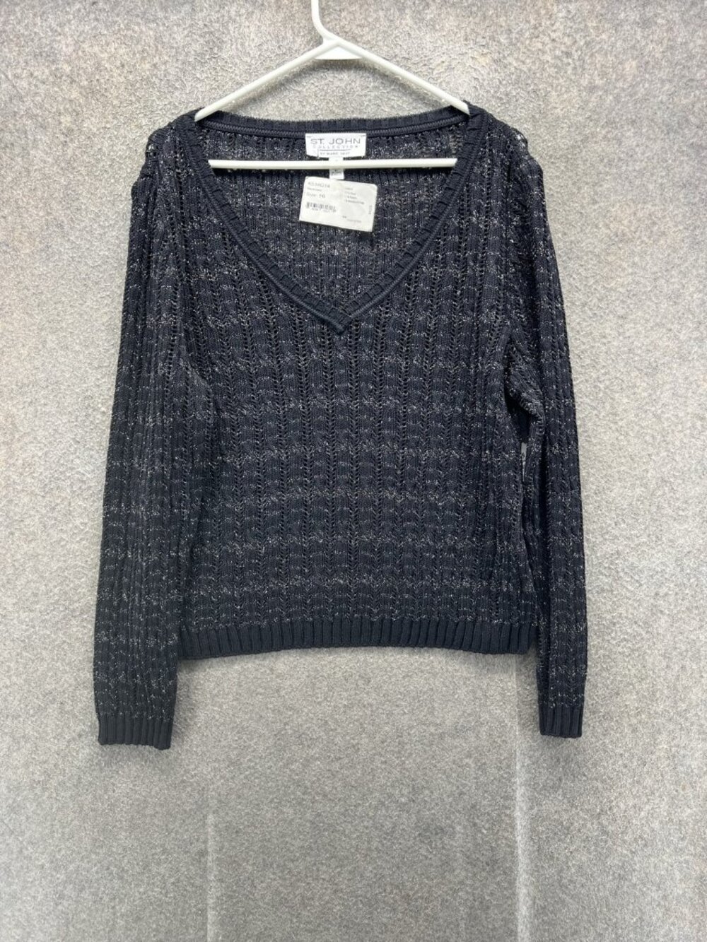 St John Collection Sweater Womens 16 Black V Neck Metallic Open Knit Pullover